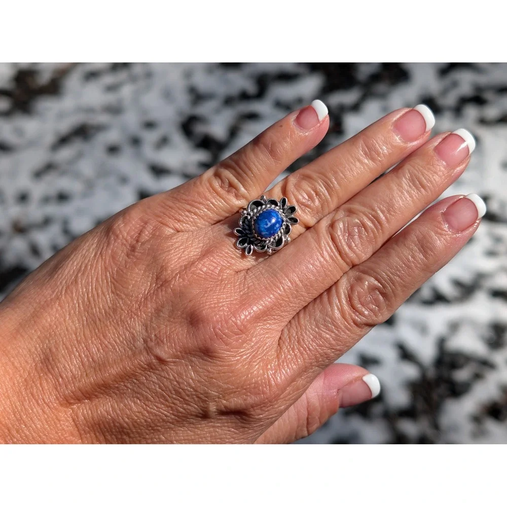 Navajo Sodalite Stone Scallop Ribbon‎ Halo Ring by Marvin Martinez Sz7.5US